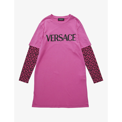 Logo Cotton Jersey T Shirt Dress in Pink - Versace Kids