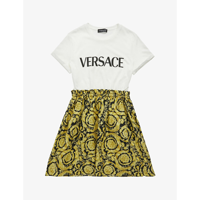 Shop Versace Barocco Logo-print Cotton-jersey Dress 4-14 Years In Bianco+nero