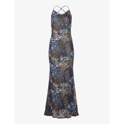 Shop Gracejacob Women's Blue Snake Cowl-neck Animal-pattern Mesh Maxi Dress