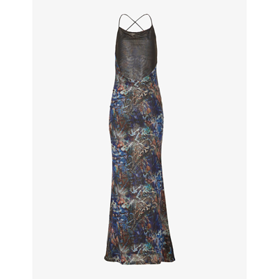 Shop Gracejacob Women's Blue Snake Cowl-neck Animal-pattern Mesh Maxi Dress