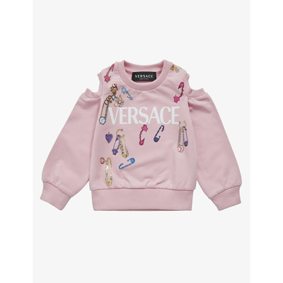 Shop Versace Safety Pin Logo-print Cut-out Stretch-cotton Jersey Sweatshirt 9-36 Months In English Rose+multicolor