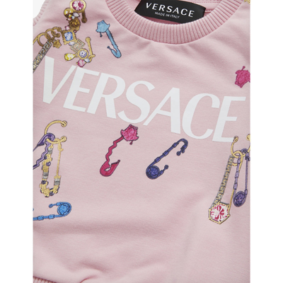 Shop Versace Safety Pin Logo-print Cut-out Stretch-cotton Jersey Sweatshirt 9-36 Months In English Rose+multicolor