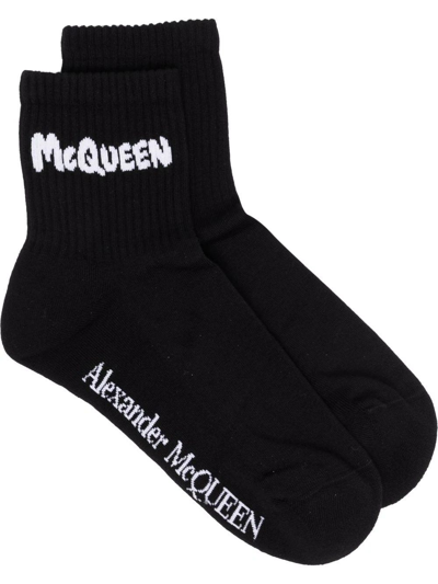 Shop Alexander Mcqueen Black Intarsia-knit Ankle Socks In Nero