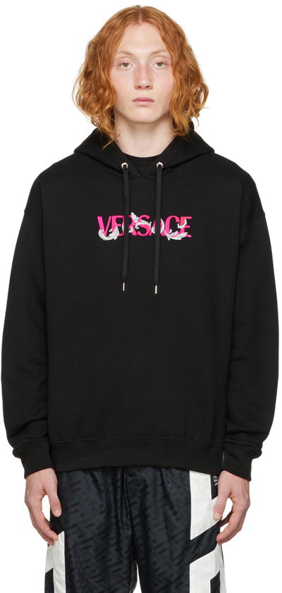 Shop Versace Black Flocked Hoodie In 1b000 Nero