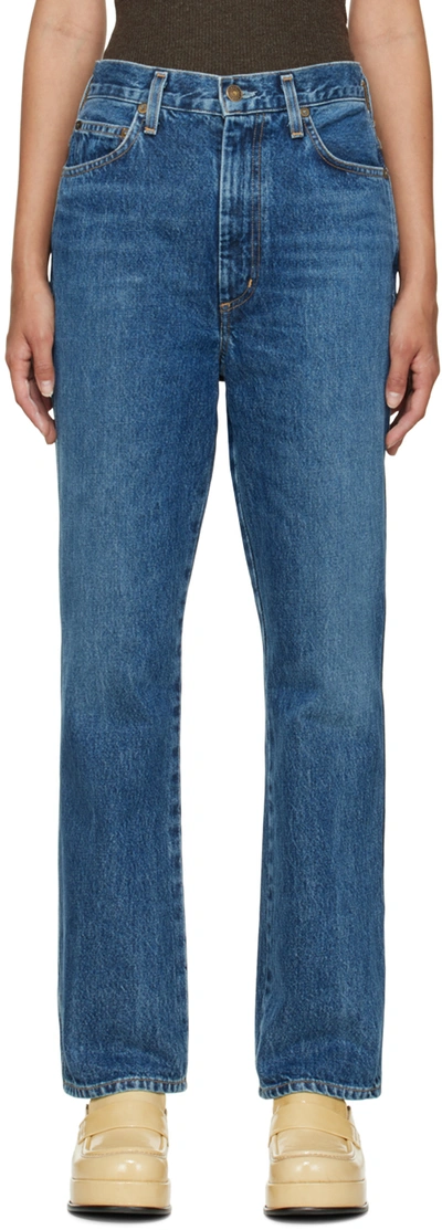 Shop Agolde Blue Pinch Waist Kick Flare Jeans In Placebo