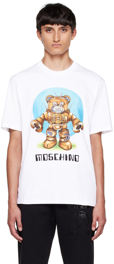 Shop Moschino White Robot Bear T-shirt In A1001 Fantasy Print