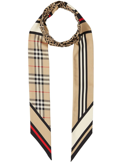 Shop Burberry Montage-print Silk Skinny Scarf In Neutrals