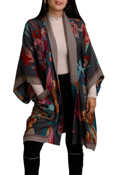 Saachi Keisha Long Floral Pattern Duster Jacket In Grey/ Pink