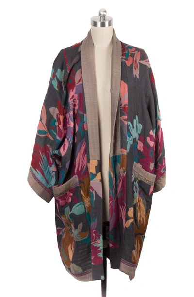 Saachi Keisha Long Floral Pattern Duster Jacket In Grey/ Pink