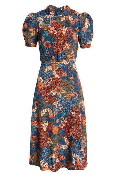 Julia Jordan Floral Puff Sleeve A-line Midi Dress In Navy Multi | ModeSens