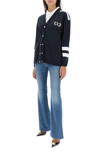 Shop Valentino Embroidered Cotton Cardigan In Blue,white
