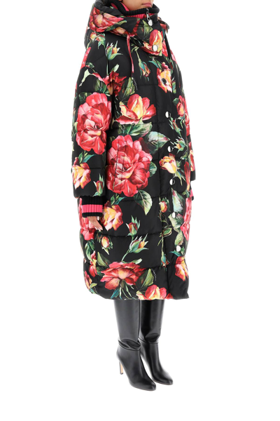 Shop Dolce & Gabbana Rose Print Long Puffer Jacket In Black,pink,green