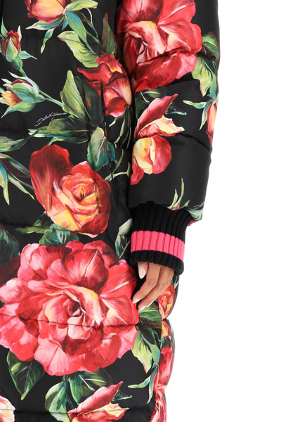 Shop Dolce & Gabbana Rose Print Long Puffer Jacket In Black,pink,green