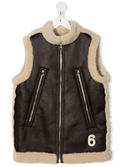 Shop Mm6 Maison Margiela Shearling-lined Leather Gilet In Brown