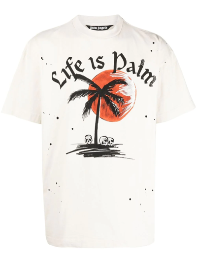 Shop Palm Angels Slogan-print Crew-neck T-shirt In Neutrals