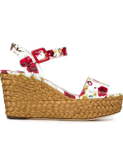 Dolce & Gabbana Patent Sandal With Woven Raffia Wedge In White
