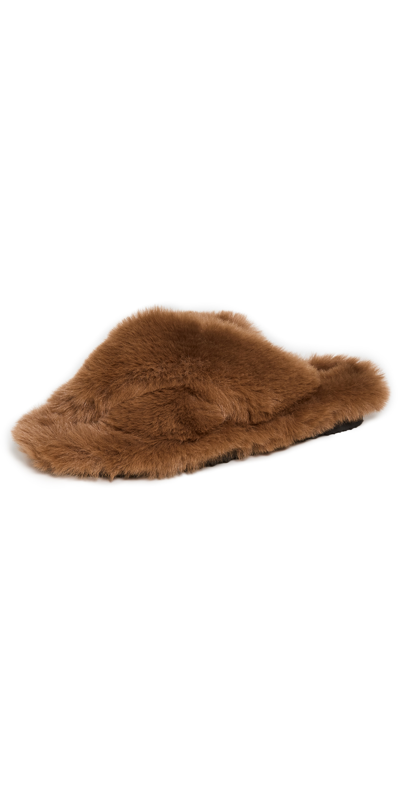Shop Apparis Biba Crossover Faux Fur Slippers In Camel