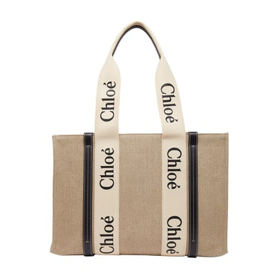 Chloé Medium 'woody' Eco Linen Canvas Tote Bag In White_blue_1