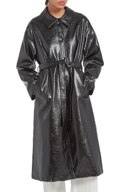 Nara Faux Leather Belted Trench Coat In Noir