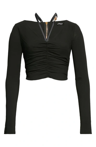 Shop Versace Ruched Crop Halter Neck Top In Black