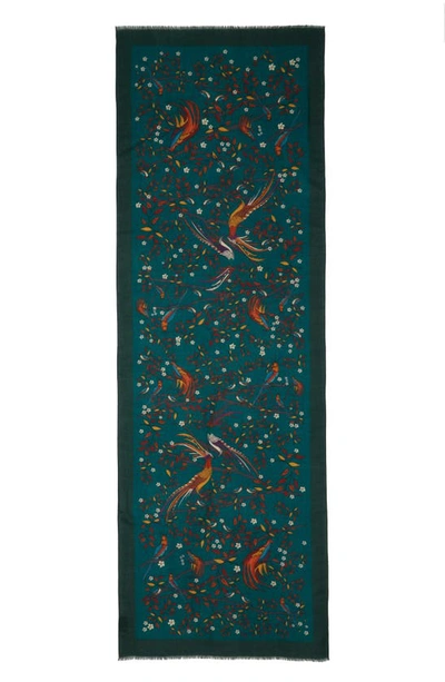 Shop Drake's Bird & Floral Print Wool Scarf In Green