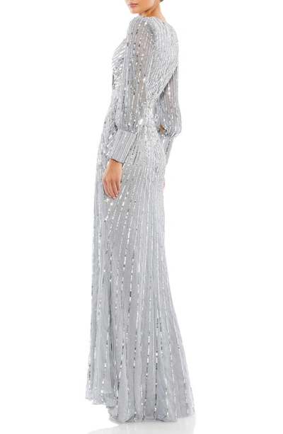 Mac Duggal Leg Of Mutton Sleeve Sheath Gown In Silver