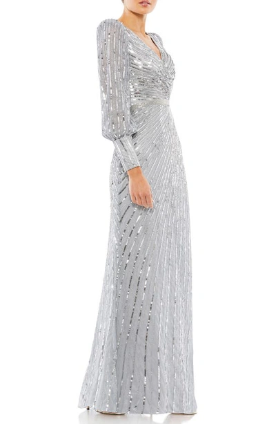 Mac Duggal Leg Of Mutton Sleeve Sheath Gown In Silver