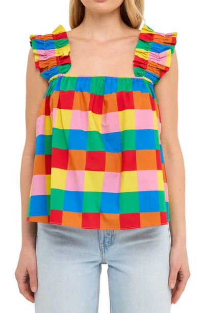 English Factory Rainbow Check Ruffle Strap Cotton Tank In Multi