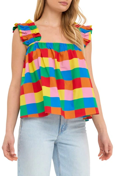 English Factory Rainbow Check Ruffle Strap Cotton Tank In Multi