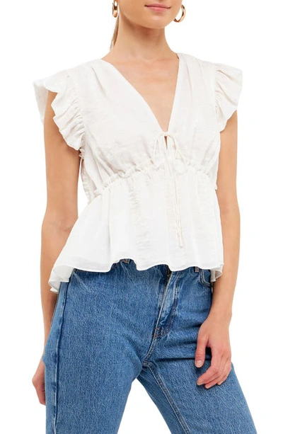 Endless Rose Flutter Sleeve Tie Neck Blouse In Cream