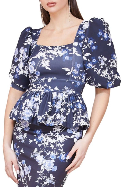 Shop Marciano Alexis Floral Peplum Blouse In Blue