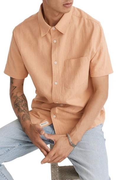 Shop Madewell Perfect Crinkle Cotton Short Sleeve Button-up Shirt In Dried Peach