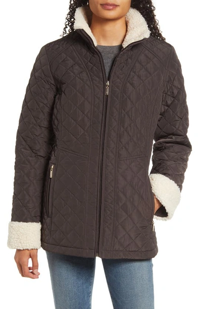 Shop Gallery Quilted Jacket With Faux Shearling Trim In Dark Cocoa