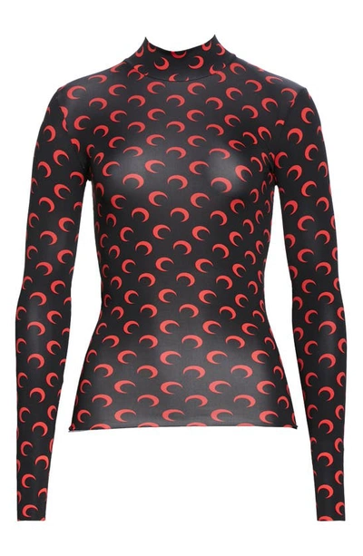Shop Marine Serre Fitted Moon Print Mock Neck Top In Black With Red Print