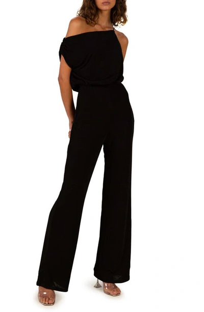 Shop Misha Collection Ember Off The Shoulder Wide Leg Jumpsuit In Black