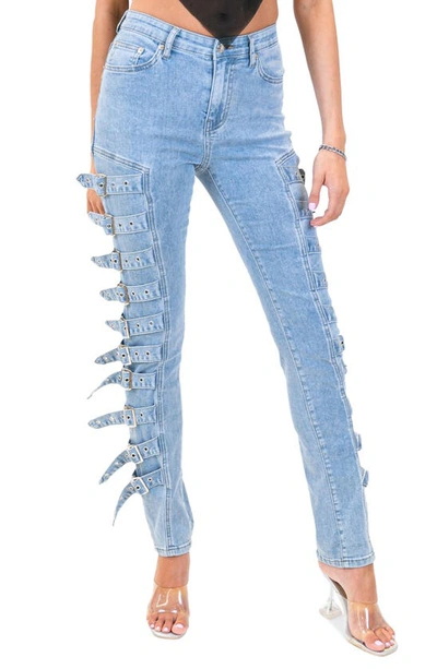 Shop Edikted Buckle Up Stretch Skinny Jeans In Blue