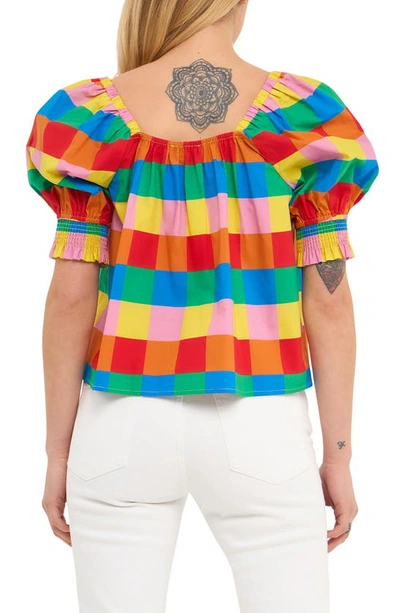 English Factory Rainbow Check Puff Sleeve Cotton Top In Multi