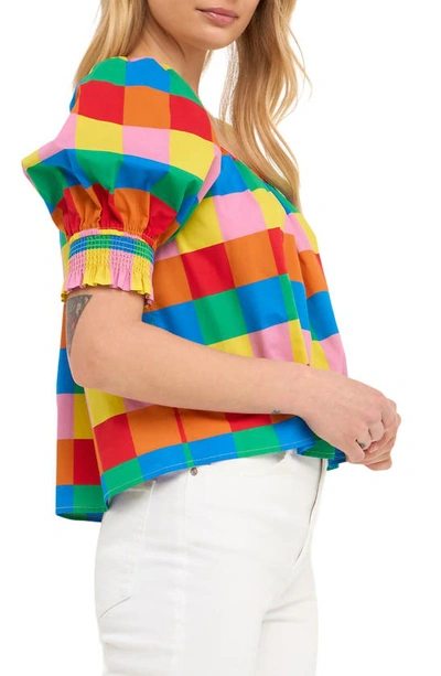 English Factory Rainbow Check Puff Sleeve Cotton Top In Multi