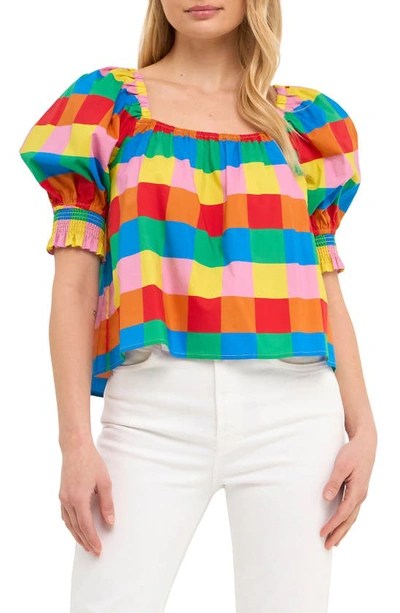 English Factory Rainbow Check Puff Sleeve Cotton Top In Multi