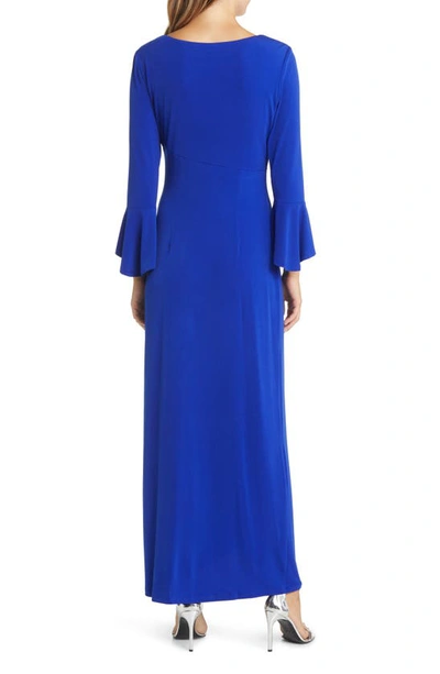 Shop Connected Apparel Bell Sleeve Gathered Waist Gown In Deep Cobalt