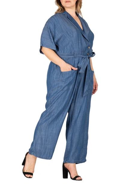 Standards & Practices Tencel Denim Kimono Sleeves Tie Wrap Jumpsuit In Indigo