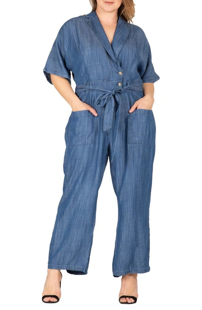 Standards & Practices Tencel Denim Kimono Sleeves Tie Wrap Jumpsuit In Indigo