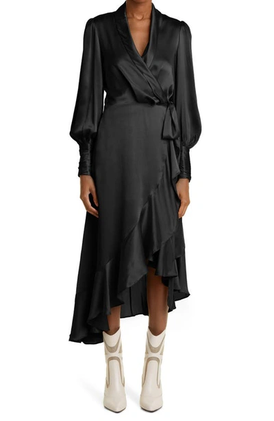 Shop Zimmermann Long Sleeve Silk Wrap Dress In Black