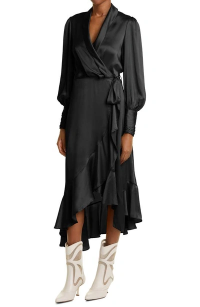 Shop Zimmermann Long Sleeve Silk Wrap Dress In Black