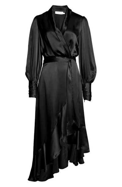 Shop Zimmermann Long Sleeve Silk Wrap Dress In Black