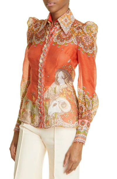 Shop Zimmermann Aries Zodiac Print Linen & Silk Blouse