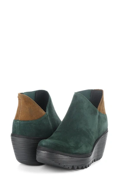 Shop Fly London Yego Wedge Bootie In Green Forest/ Cam Oil Suede