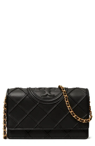 Shop Tory Burch Fleming Soft Leather Wallet On A Chain In Black