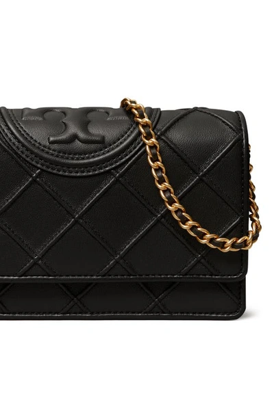 Shop Tory Burch Fleming Soft Leather Wallet On A Chain In Black