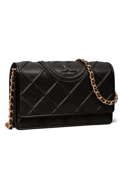 Tory Burch Fleming Soft Leather Wallet On A Chain In Black
